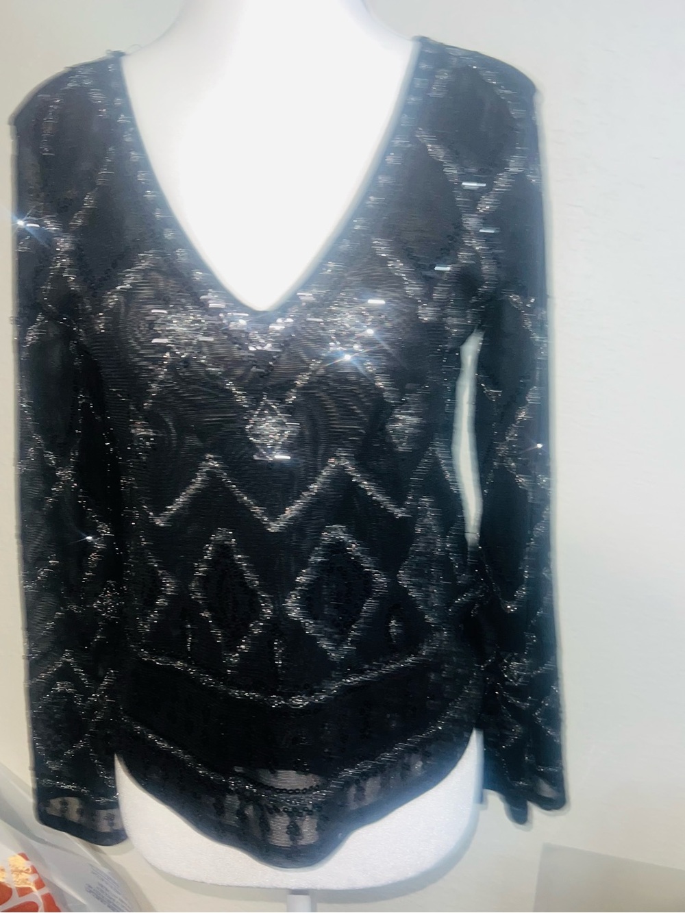Express Black Sequin V-Neck Beaded Long Sleeve Top